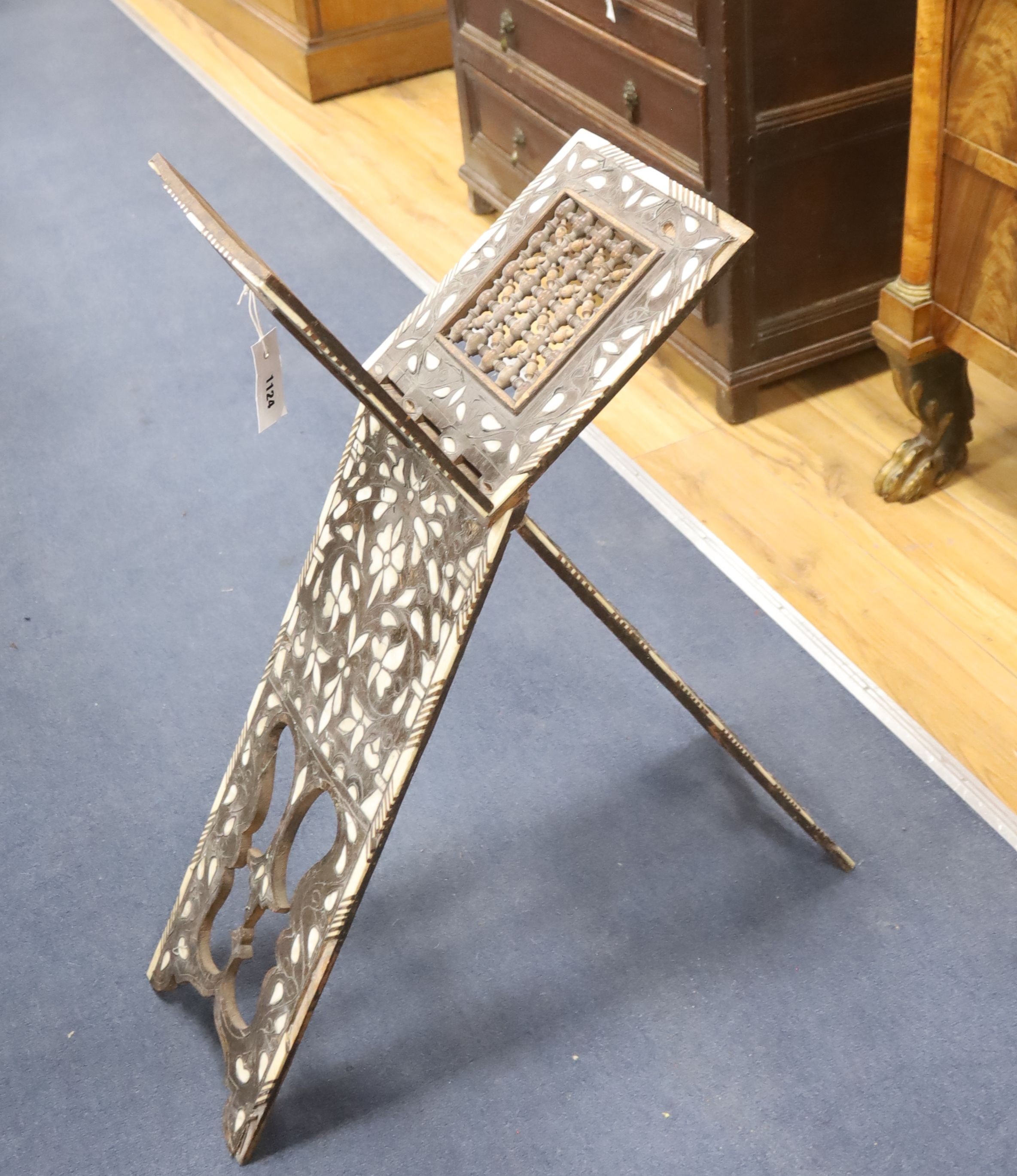 A 19th century mother of pearl inlaid Middle Eastern Koran stand, height 73cm